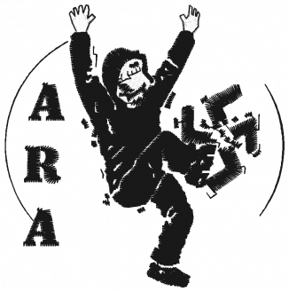 Logo with a masked figure smashing a swastika